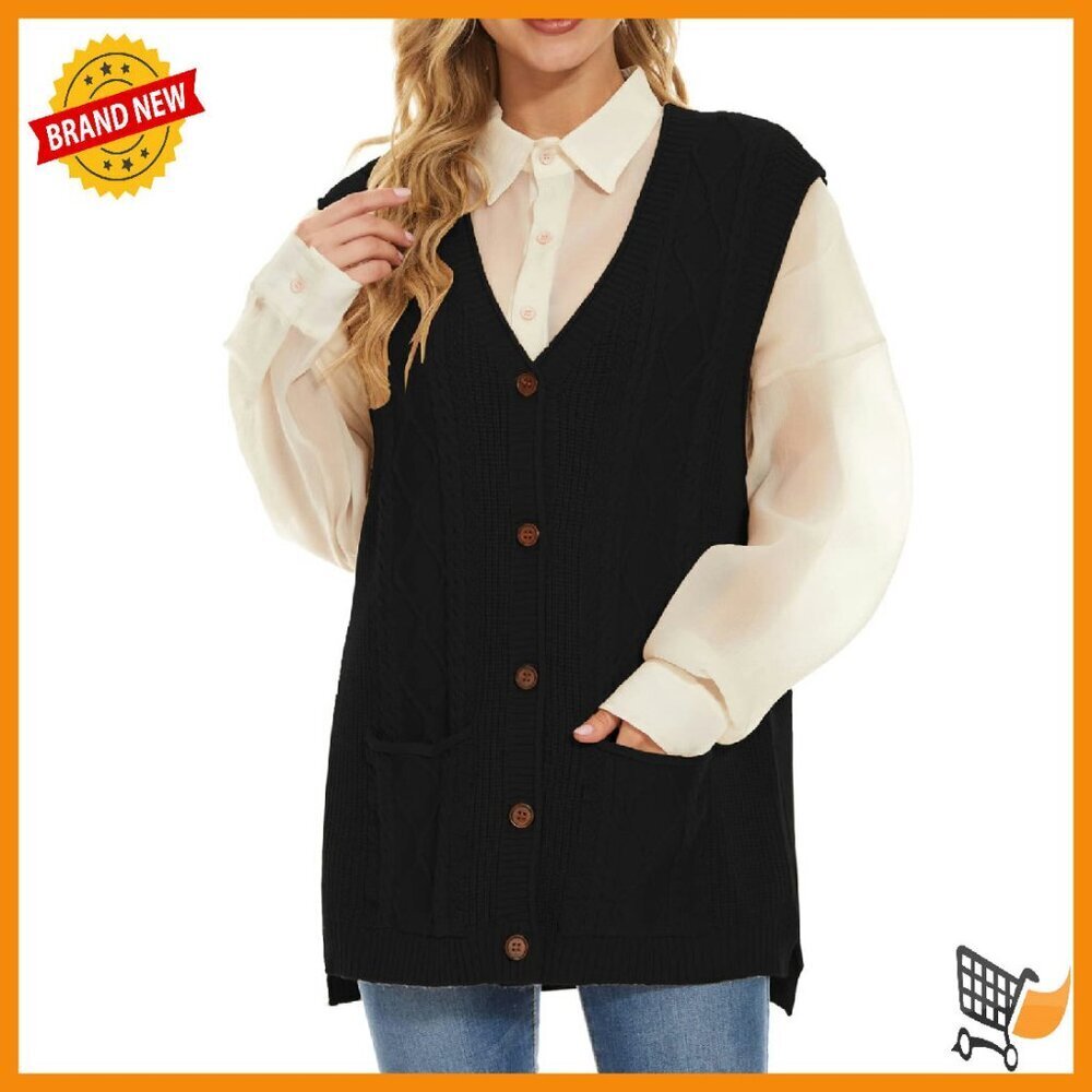 Women's Cable Knit Sweater Vest V-Neck Loose Fit Sleeveless Top